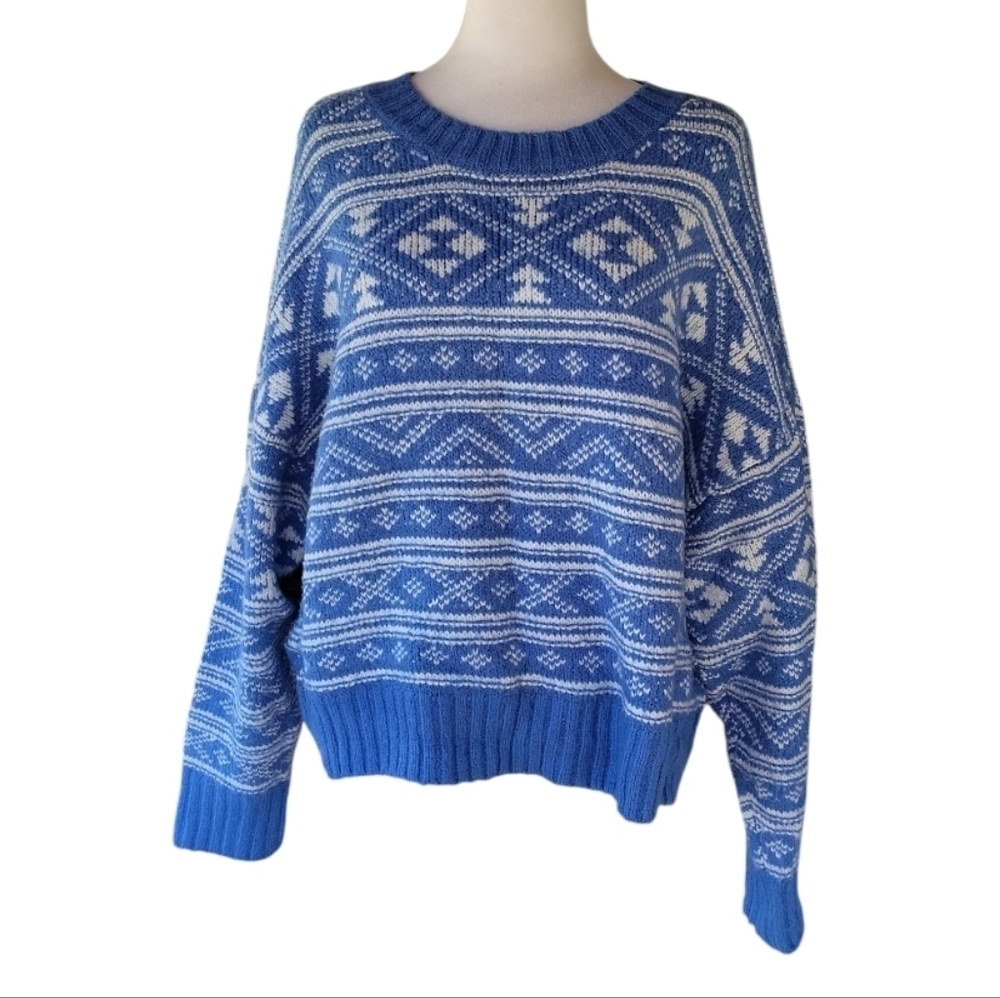 Vintage American Eagle Contrasting Blue White Chunky Knit Fair Isle Sweater XL